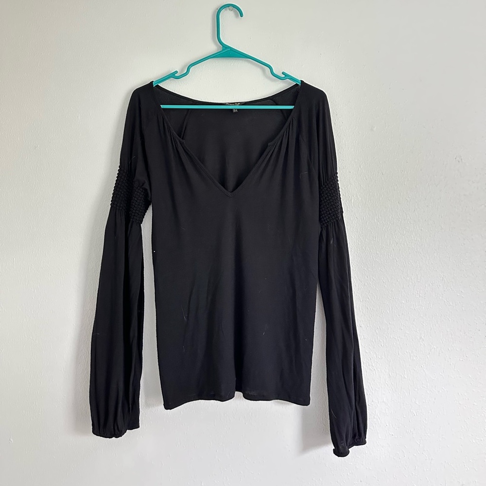 Massimo Dutti Deep V-neck and Textured Sleeve Top – Size S